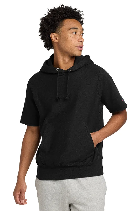 Soft Casuals Champion Mens Reverse Weave Short Sleeve Hooded Sweatshirt Hoodie W/ Pouch Pocket - Black - NEW Soft Casuals Champion Mens Reverse Weave Short Sleeve Hooded Sweatshirt Hoodie W/ Pouch Pocket - Black - NEW