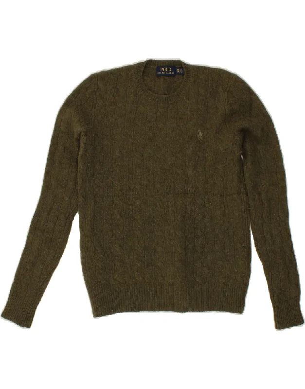 Classic Retro POLO RALPH LAUREN Girls Crew Neck Jumper Sweater 6-7 Years XS Khaki Wool