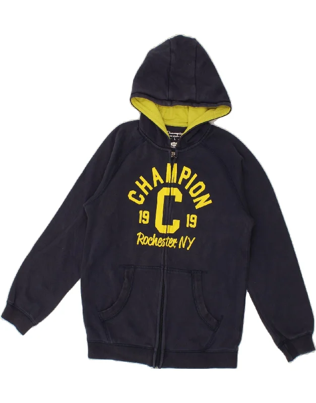 Relaxed Clothing CHAMPION Boys Graphic Zip Hoodie Sweater 11-12 Years Large Navy Blue