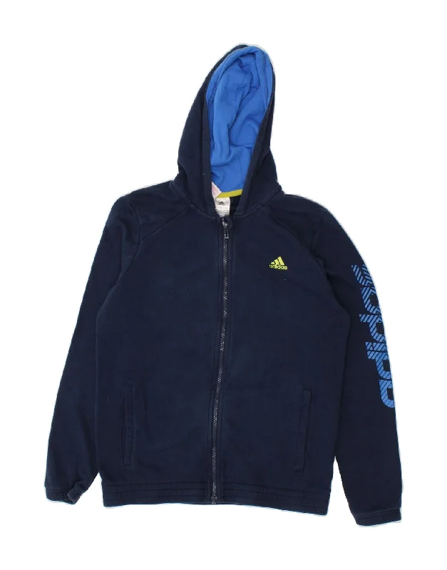 Effortless Outfits ADIDAS Boys Graphic Zip Hoodie Sweater 13-14 Years Navy Blue Cotton