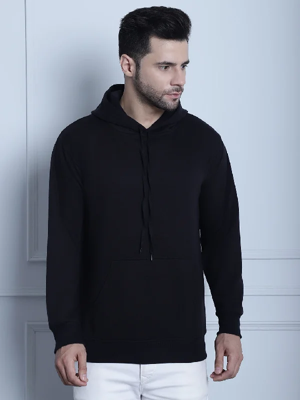 Soft Textures Vimal Jonney Black Solid Hooded Cotton Fleece Sweatshirt for Men