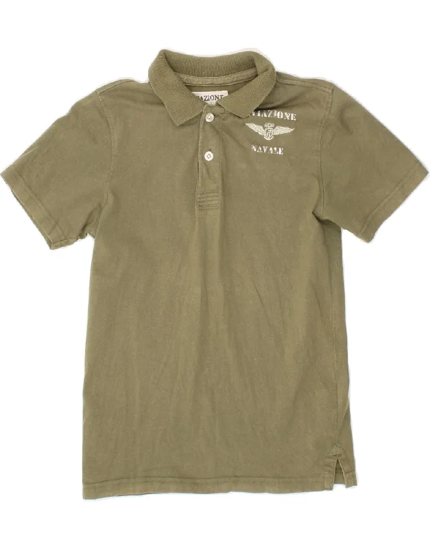 Slim Fit VINTAGE Boys Graphic Polo Shirt 7-8 Years Khaki
