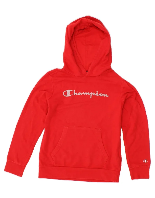 Elegant Outline CHAMPION Boys Graphic Hoodie Jumper 9-10 Years Medium Red Cotton