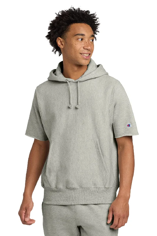 Relaxed Fashion Champion Mens Reverse Weave Short Sleeve Hooded Sweatshirt Hoodie W/ Pouch Pocket - Oxford Grey - NEW Relaxed Fashion Champion Mens Reverse Weave Short Sleeve Hooded Sweatshirt Hoodie W/ Pouch Pocket - Oxford Grey - NEW