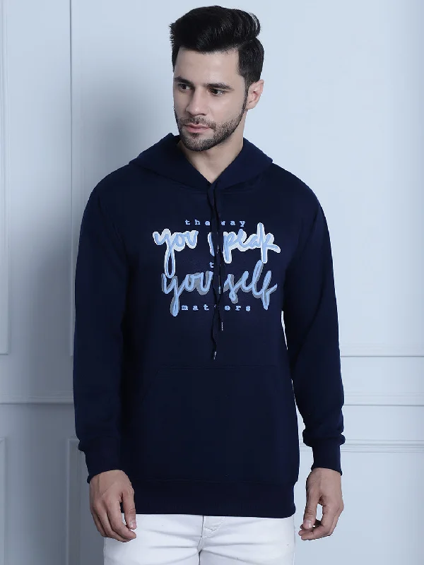 Casual Chic Outfits Vimal Jonney Navy Blue Printed Hooded Cotton Fleece Sweatshirt for Men Casual Chic Outfits Vimal Jonney Navy Blue Printed Hooded Cotton Fleece Sweatshirt for Men