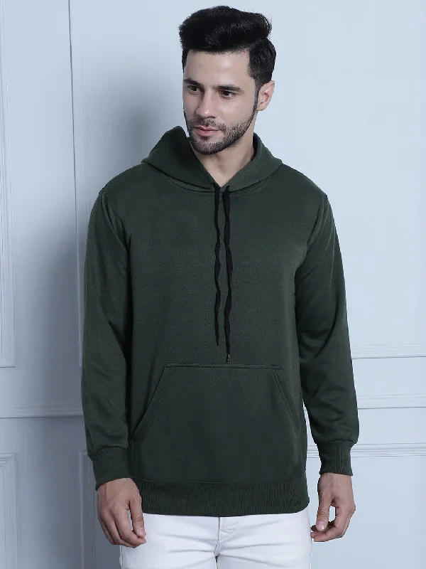 Comfortable Dresses Vimal Jonney Olive Solid Hooded Cotton Fleece Sweatshirt for Men