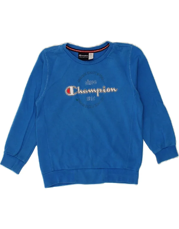 Trendy Layers CHAMPION Boys Graphic Sweatshirt Jumper 5-6 Years XS Blue Cotton