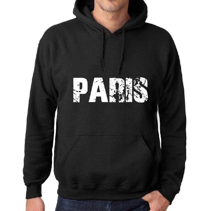 Everyday Chic Men's Women's Unisex Printed Graphic Cotton Hoodie Soft Heavyweight Hooded Sweatshirt Pullover Popular Words PARIS Deep Black