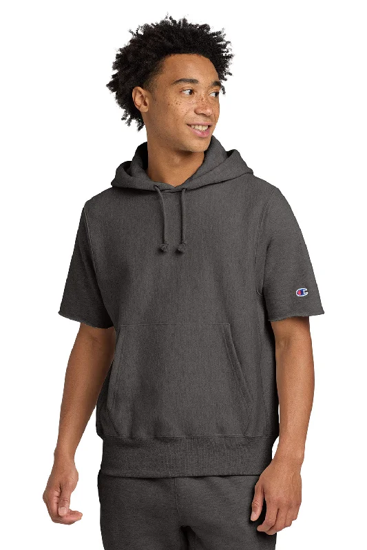 Sporty Comfort Champion Mens Reverse Weave Short Sleeve Hooded Sweatshirt Hoodie W/ Pouch Pocket - Heather Charcoal Grey - NEW Sporty Comfort Champion Mens Reverse Weave Short Sleeve Hooded Sweatshirt Hoodie W/ Pouch Pocket - Heather Charcoal Grey - NEW