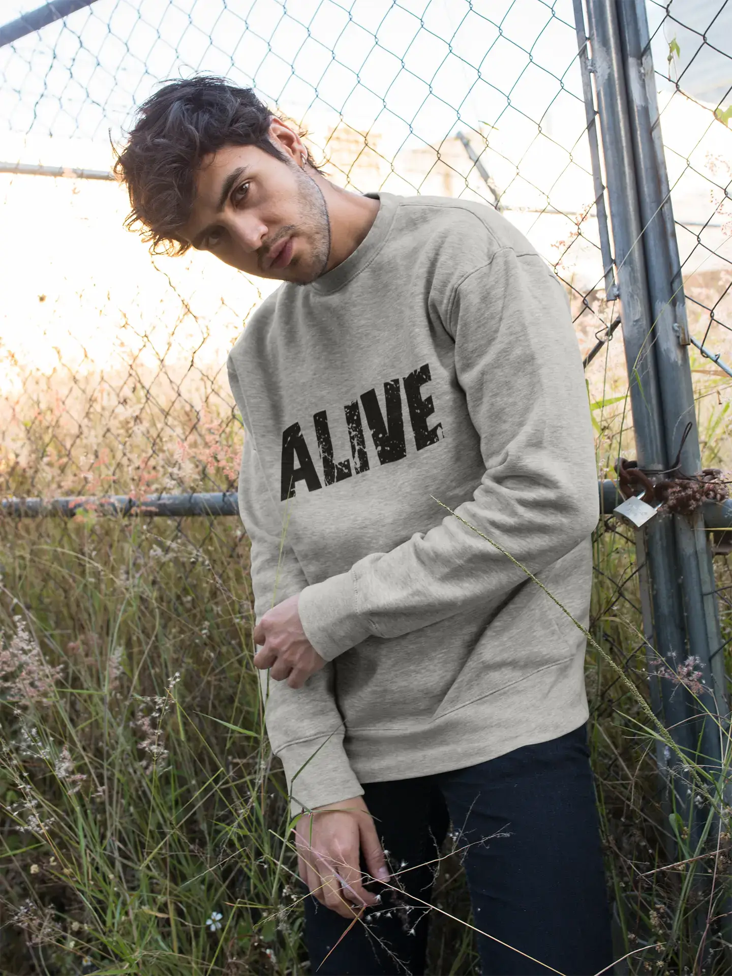 Versatile Comfort Wear Men's Printed Graphic Sweatshirt Popular Words ALIVE Grey Marl Versatile Comfort Wear Men's Printed Graphic Sweatshirt Popular Words ALIVE Grey Marl