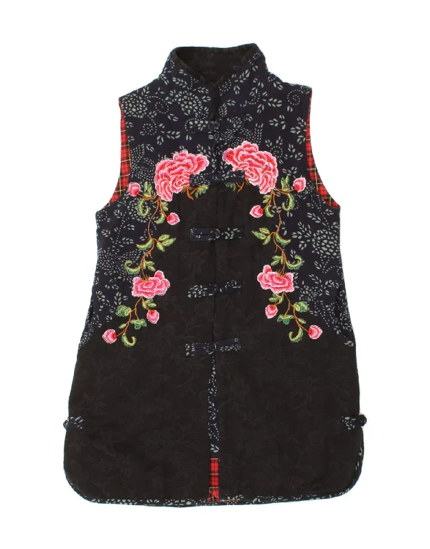 Unique Design VINTAGE Girls Sleeveless Overcoat 15-16 Years XL Black Floral