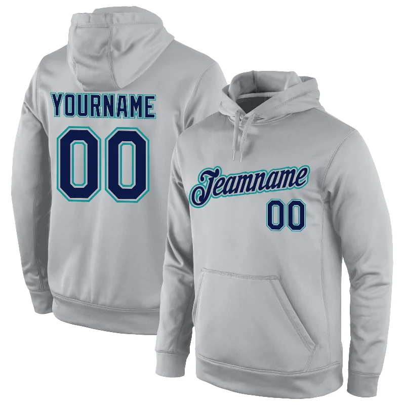 Elegant Casuals Custom Stitched Gray Navy-Aqua Sports Pullover Sweatshirt Hoodie