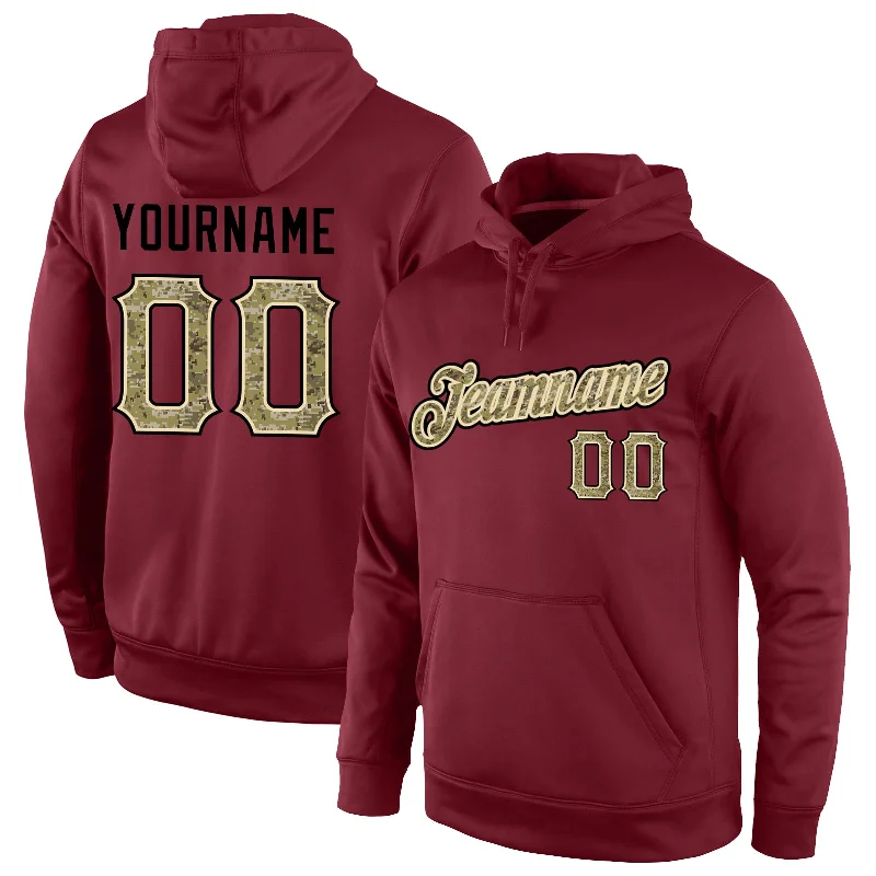Soft Feel Custom Stitched Burgundy Camo-Black Sports Pullover Sweatshirt Hoodie