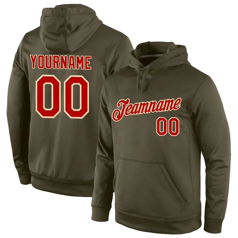 Classic Comfort Custom Stitched Olive Red-Cream Sports Pullover Sweatshirt Salute To Service Hoodie Classic Comfort Custom Stitched Olive Red-Cream Sports Pullover Sweatshirt Salute To Service Hoodie