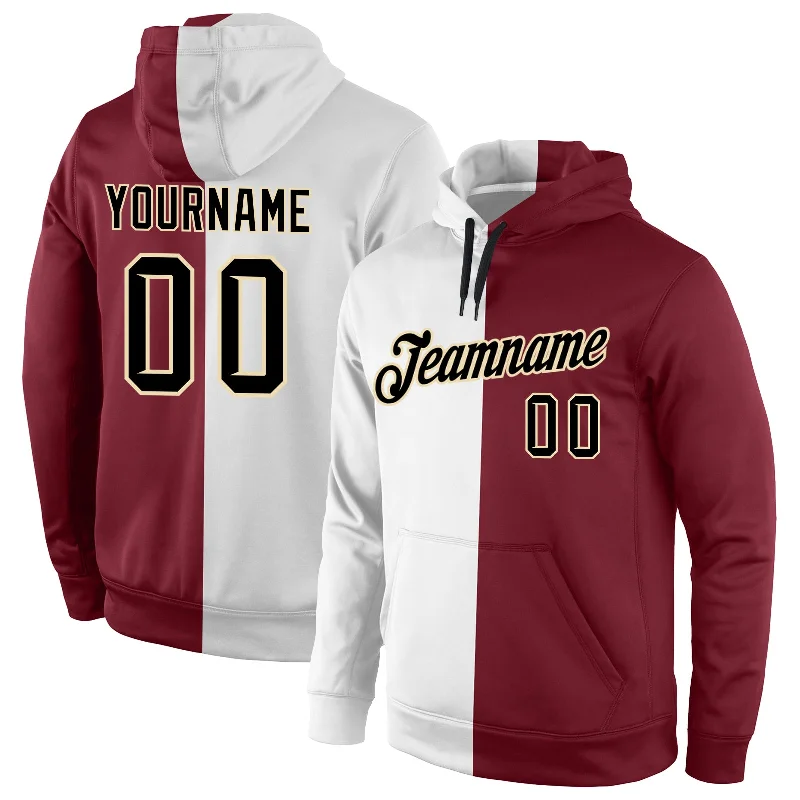 Printed Patterns Custom Stitched White Black-Crimson Split Fashion Sports Pullover Sweatshirt Hoodie Printed Patterns Custom Stitched White Black-Crimson Split Fashion Sports Pullover Sweatshirt Hoodie