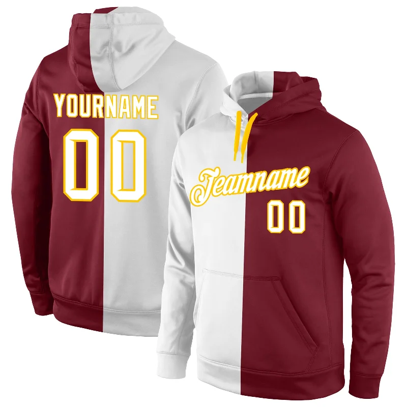 Personalized Wear Custom Stitched Crimson White-Gold Split Fashion Sports Pullover Sweatshirt Hoodie