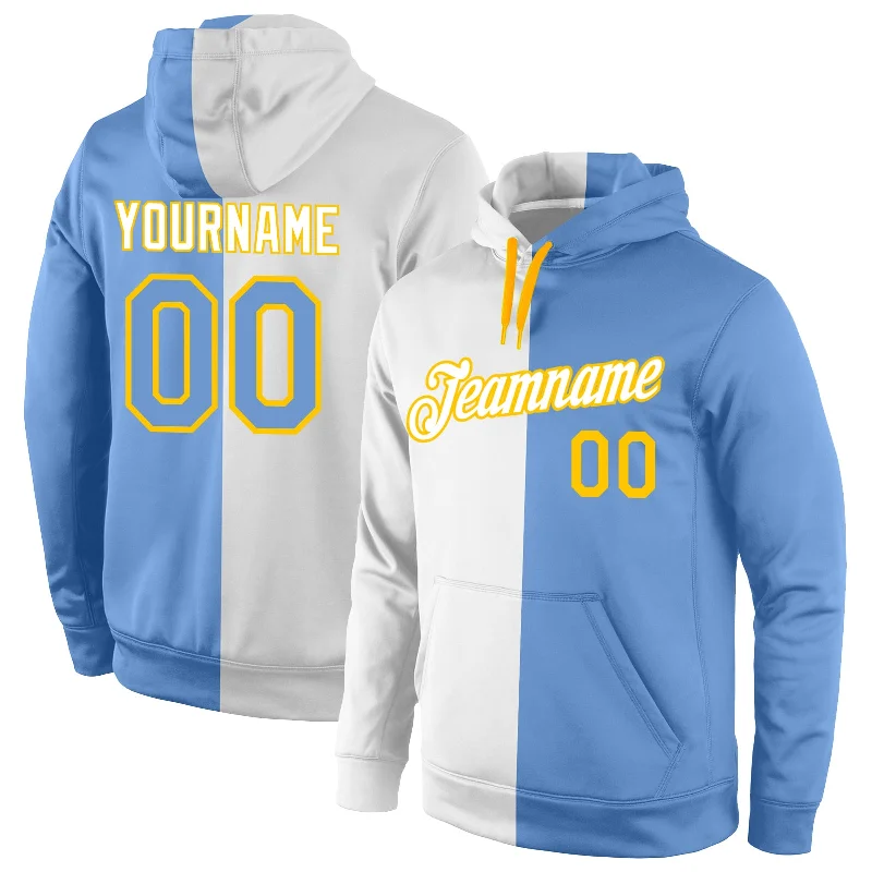 Quality Tailoring Custom Stitched White Light Blue-Gold Split Fashion Sports Pullover Sweatshirt Hoodie Quality Tailoring Custom Stitched White Light Blue-Gold Split Fashion Sports Pullover Sweatshirt Hoodie