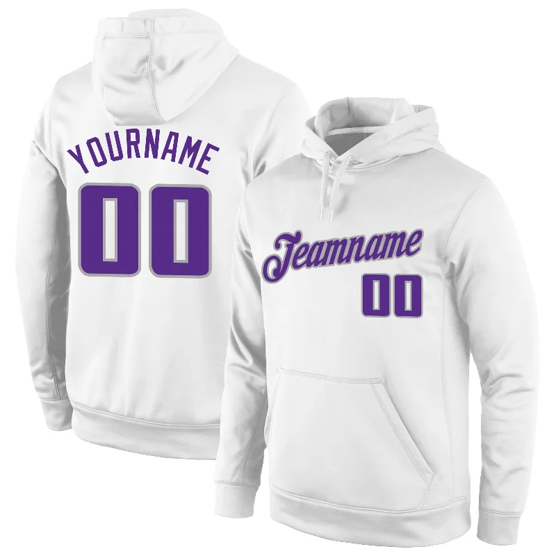 Street Charm Custom Stitched White Purple-Gray Sports Pullover Sweatshirt Hoodie