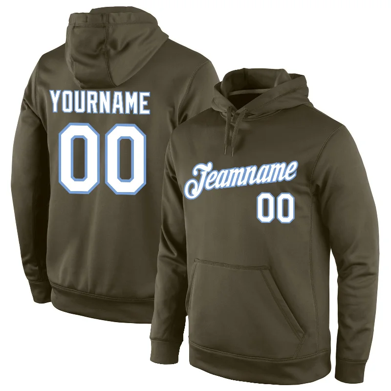 Versatile Casuals Custom Stitched Olive White-Light Blue Sports Pullover Sweatshirt Salute To Service Hoodie Versatile Casuals Custom Stitched Olive White-Light Blue Sports Pullover Sweatshirt Salute To Service Hoodie