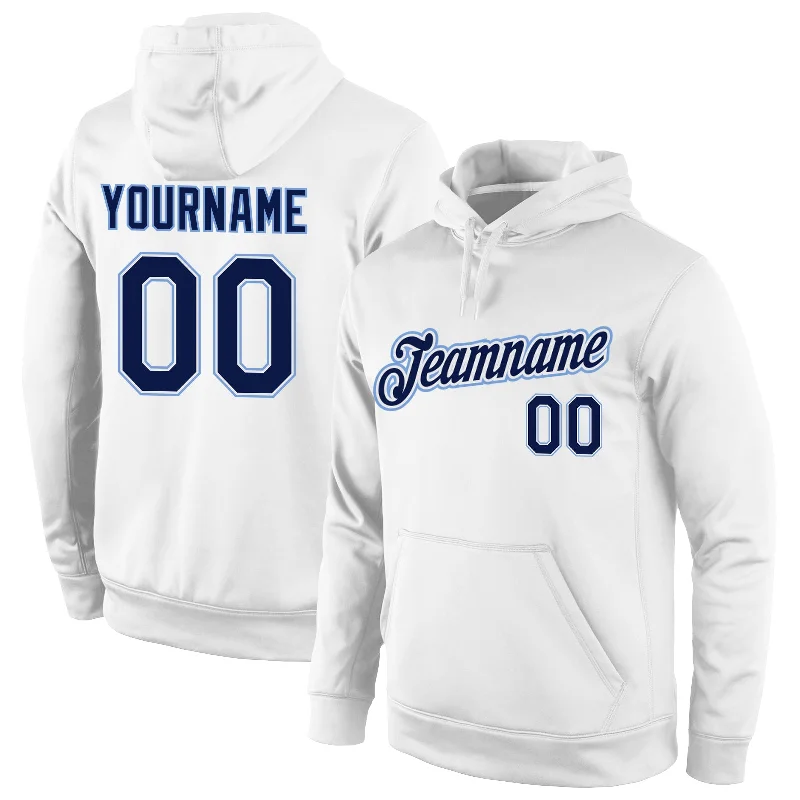 Elegant Design Custom Stitched White Navy-Light Blue Sports Pullover Sweatshirt Hoodie Elegant Design Custom Stitched White Navy-Light Blue Sports Pullover Sweatshirt Hoodie