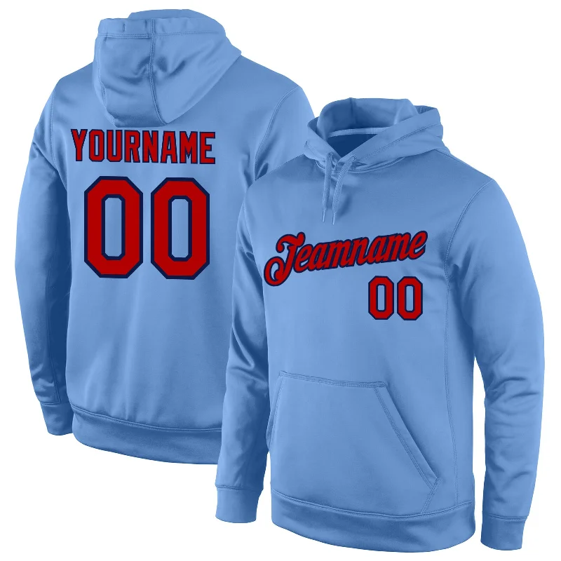 Unique Design Custom Stitched Light Blue Red-Navy Sports Pullover Sweatshirt Hoodie