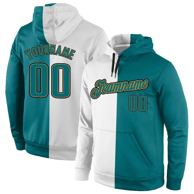 Stunning Fashion Custom Stitched White Aqua-Old Gold Split Fashion Sports Pullover Sweatshirt Hoodie Stunning Fashion Custom Stitched White Aqua-Old Gold Split Fashion Sports Pullover Sweatshirt Hoodie