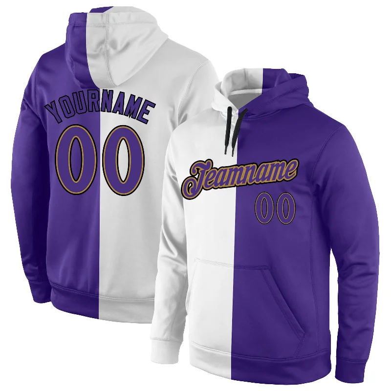 Elegant Tailoring Custom Stitched White Purple-Old Gold Split Fashion Sports Pullover Sweatshirt Hoodie