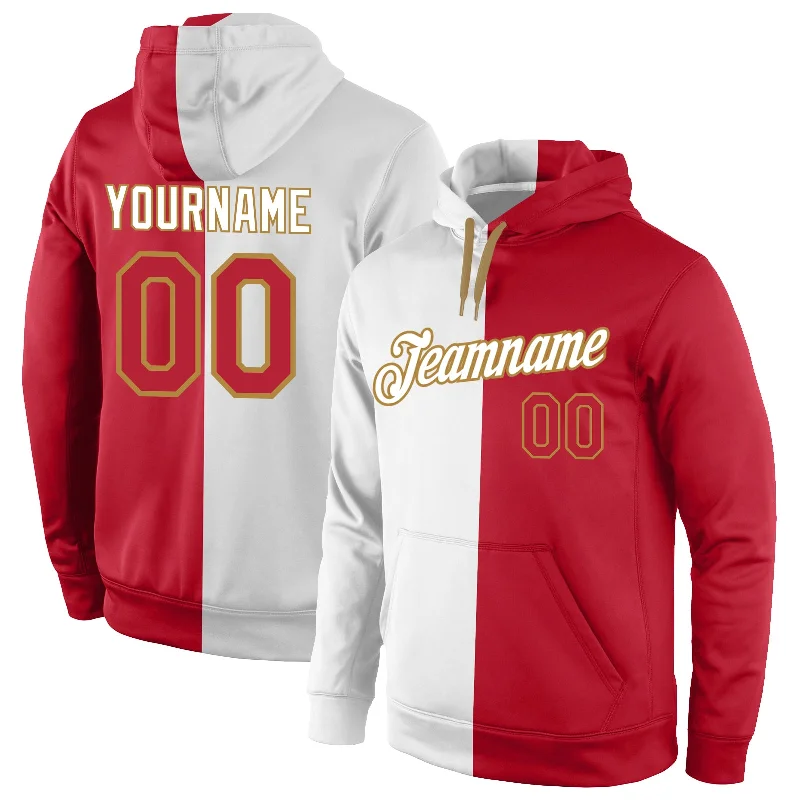 Versatile Itinerary Custom Stitched White Red-Old Gold Split Fashion Sports Pullover Sweatshirt Hoodie Versatile Itinerary Custom Stitched White Red-Old Gold Split Fashion Sports Pullover Sweatshirt Hoodie