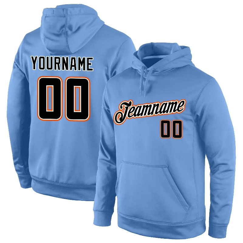 Designer Style Custom Stitched Light Blue Black-Orange Sports Pullover Sweatshirt Hoodie