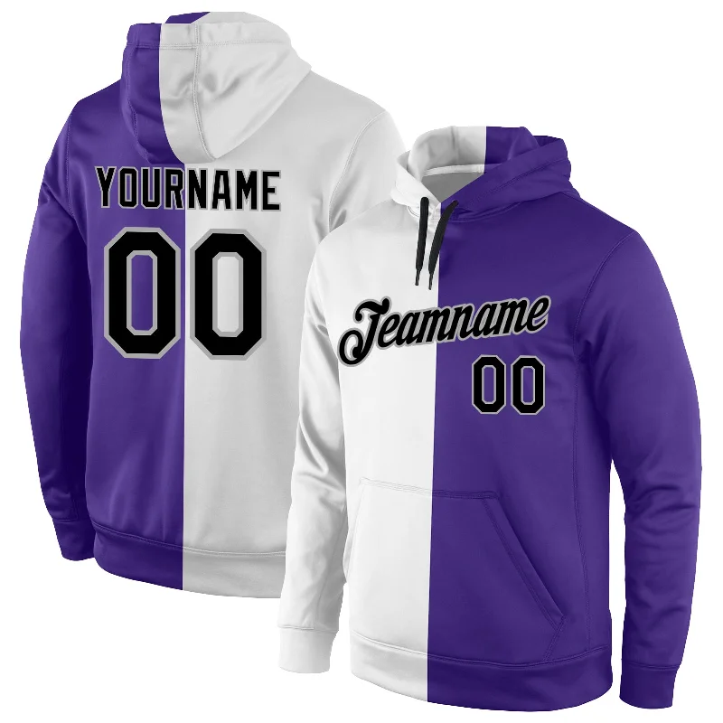 Retro Prints Custom Stitched White Black-Purple Split Fashion Sports Pullover Sweatshirt Hoodie Retro Prints Custom Stitched White Black-Purple Split Fashion Sports Pullover Sweatshirt Hoodie