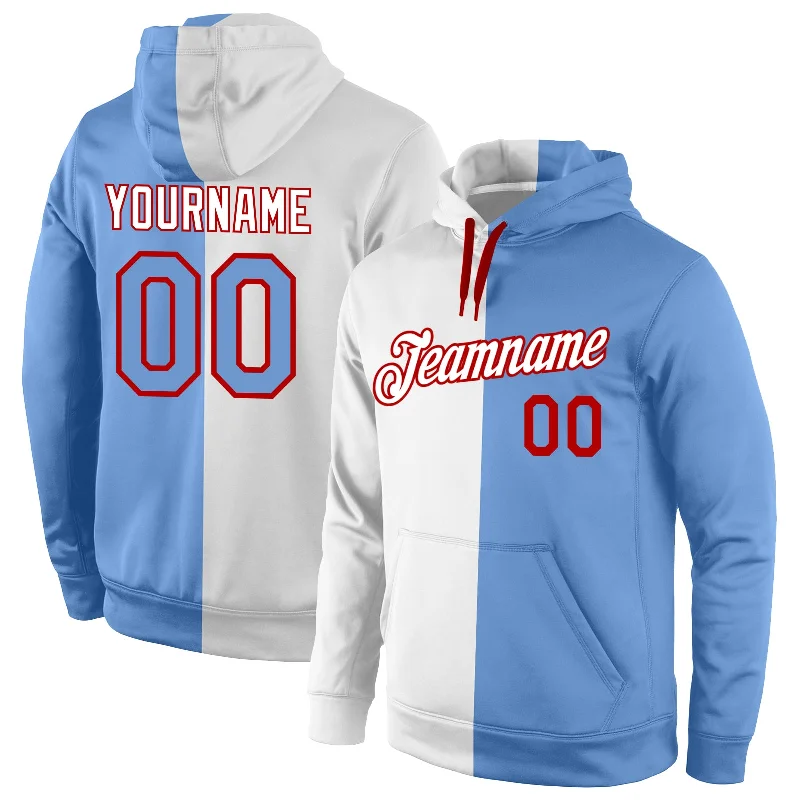 Youthful Style Custom Stitched White Light Blue-Red Split Fashion Sports Pullover Sweatshirt Hoodie Youthful Style Custom Stitched White Light Blue-Red Split Fashion Sports Pullover Sweatshirt Hoodie