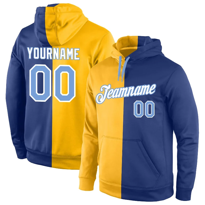 Comfortable Fashion Custom Stitched Gold Light Blue-Royal Split Fashion Sports Pullover Sweatshirt Hoodie Comfortable Fashion Custom Stitched Gold Light Blue-Royal Split Fashion Sports Pullover Sweatshirt Hoodie