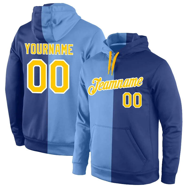 Personalized Series Custom Stitched Light Blue Gold-Royal Split Fashion Sports Pullover Sweatshirt Hoodie Personalized Series Custom Stitched Light Blue Gold-Royal Split Fashion Sports Pullover Sweatshirt Hoodie