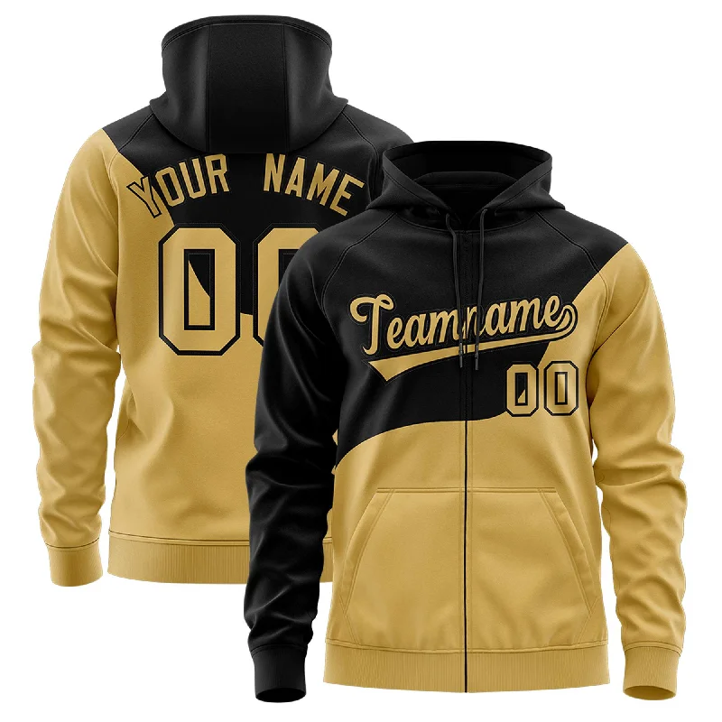 Soft Fabric Looks Custom Black Old Gold Color Block Varsity Full-Zip Letterman Wave Hoodie Jacket Soft Fabric Looks Custom Black Old Gold Color Block Varsity Full-Zip Letterman Wave Hoodie Jacket