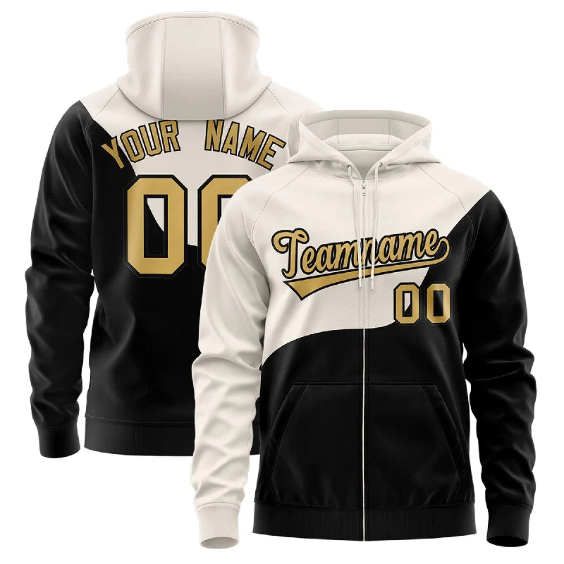 Elegant And Charming Custom Cream Black Color Block Varsity Full-Zip Letterman Wave Hoodie Jacket Elegant And Charming Custom Cream Black Color Block Varsity Full-Zip Letterman Wave Hoodie Jacket