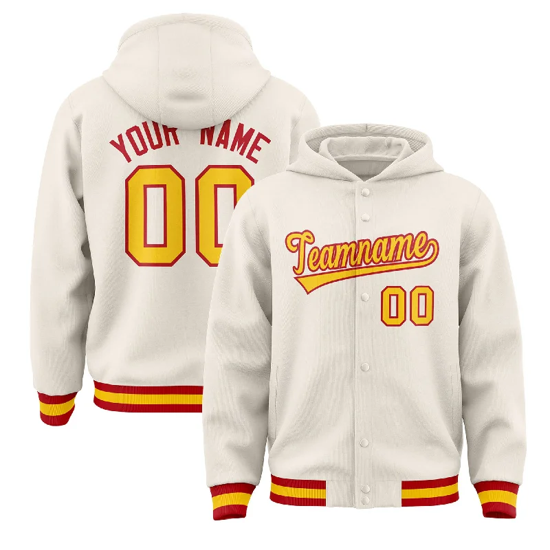 Fashionable Ease Custom Cream Gold-Red Varsity Full-Snap Letterman Classic Hoodie Jacket Fashionable Ease Custom Cream Gold-Red Varsity Full-Snap Letterman Classic Hoodie Jacket