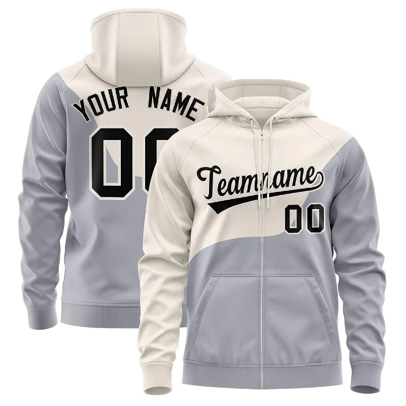 Youthful Custom Cream Gray Color Block Varsity Full-Zip Letterman Wave Hoodie Jacket Youthful Custom Cream Gray Color Block Varsity Full-Zip Letterman Wave Hoodie Jacket