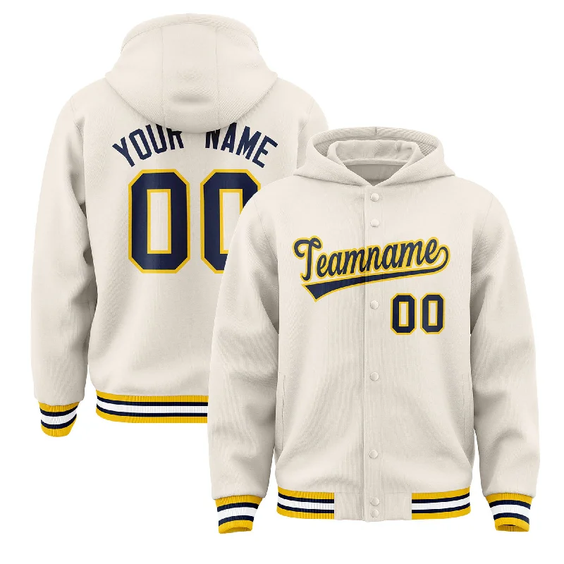 Fresh Comfort Custom Cream Navy-Gold Varsity Full-Snap Letterman Classic Hoodie Jacket Fresh Comfort Custom Cream Navy-Gold Varsity Full-Snap Letterman Classic Hoodie Jacket