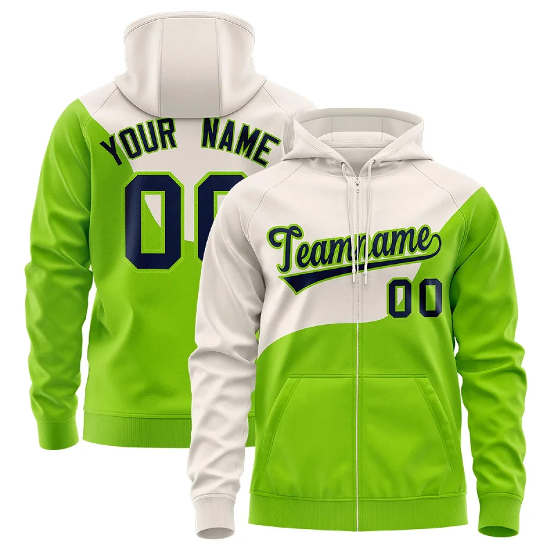 Lively And Youthful Custom Cream Neon Green Color Block Varsity Full-Zip Letterman Wave Hoodie Jacket Lively And Youthful Custom Cream Neon Green Color Block Varsity Full-Zip Letterman Wave Hoodie Jacket