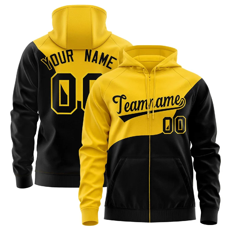 Relaxed Looks Custom Gold Black Color Block Varsity Full-Zip Letterman Wave Hoodie Jacket Relaxed Looks Custom Gold Black Color Block Varsity Full-Zip Letterman Wave Hoodie Jacket