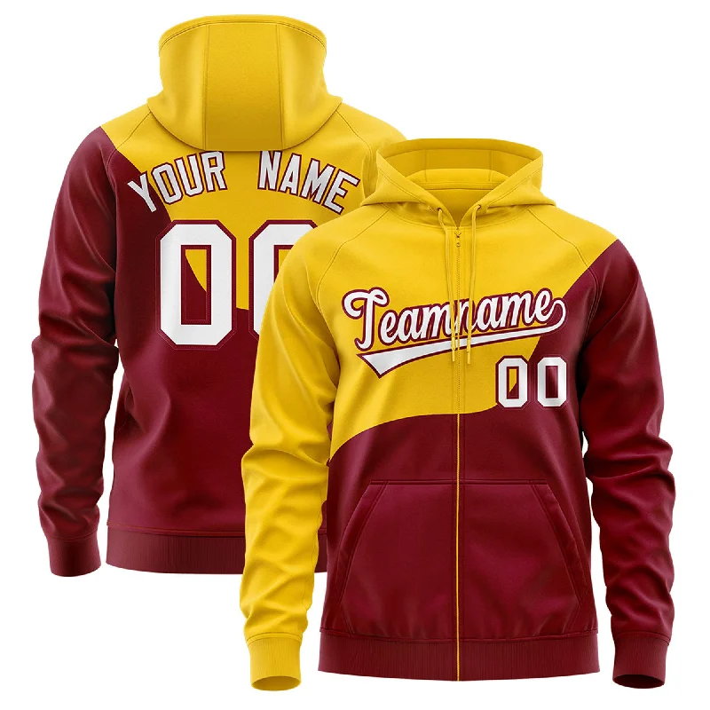 Beautiful Romance Custom Gold Crimson Color Block Varsity Full-Zip Letterman Wave Hoodie Jacket Beautiful Romance Custom Gold Crimson Color Block Varsity Full-Zip Letterman Wave Hoodie Jacket