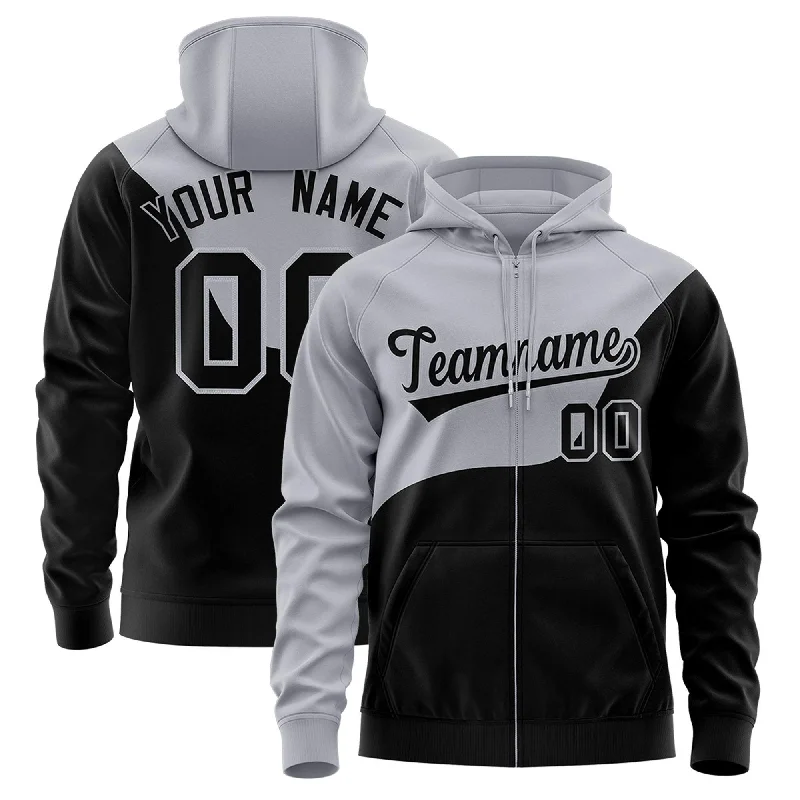 Sporty Wear Custom Gray Black Color Block Varsity Full-Zip Letterman Wave Hoodie Jacket Sporty Wear Custom Gray Black Color Block Varsity Full-Zip Letterman Wave Hoodie Jacket