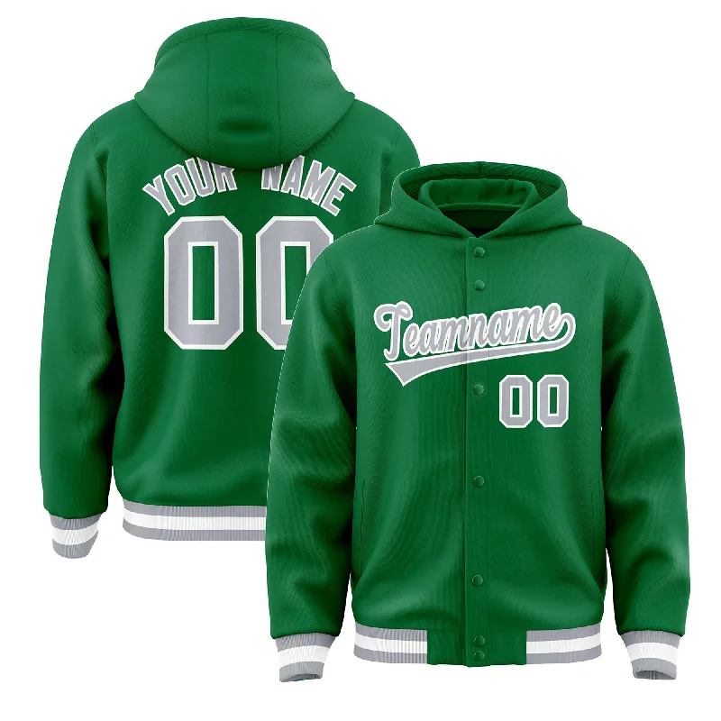 Fashionable In The Times Custom Kelly Green Gray-White Varsity Full-Snap Letterman Classic Hoodie Jacket Fashionable In The Times Custom Kelly Green Gray-White Varsity Full-Snap Letterman Classic Hoodie Jacket