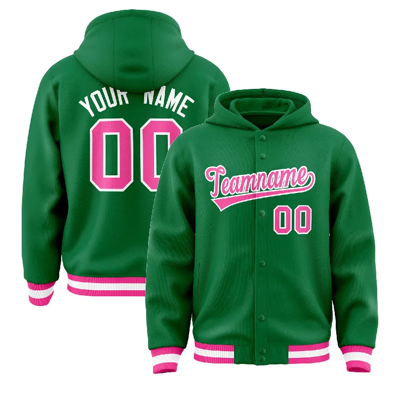 Artistic Temperament Custom Kelly Green Pink-White Varsity Full-Snap Letterman Classic Hoodie Jacket Artistic Temperament Custom Kelly Green Pink-White Varsity Full-Snap Letterman Classic Hoodie Jacket