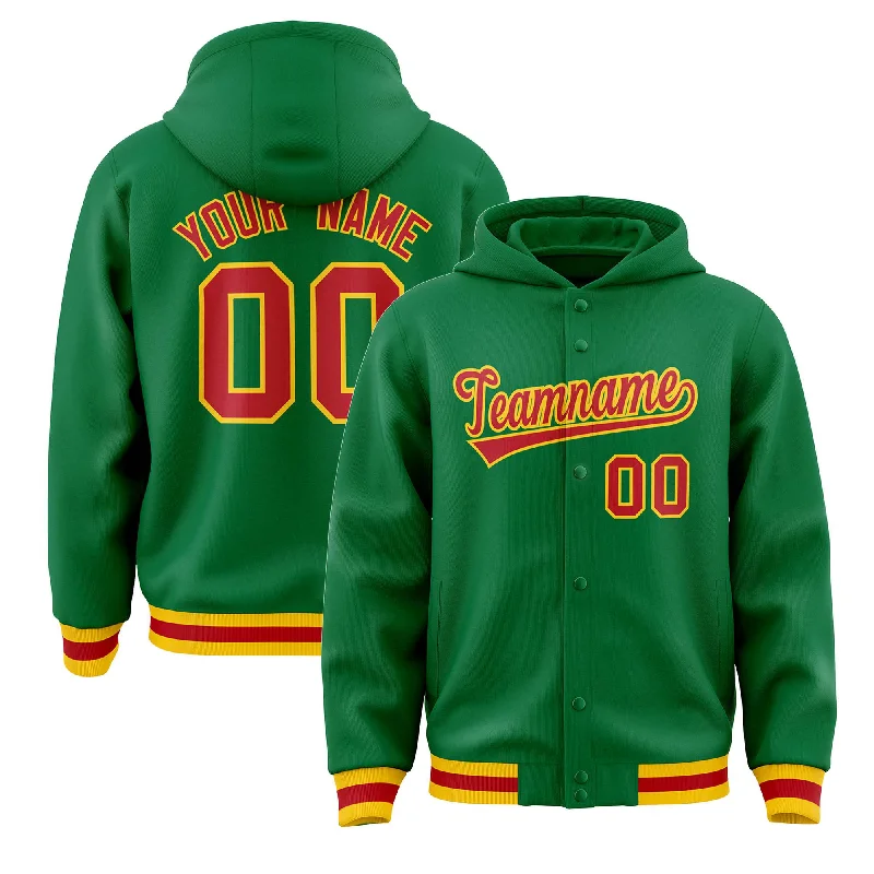Practical Style Custom Kelly Green Red-Gold Varsity Full-Snap Letterman Classic Hoodie Jacket Practical Style Custom Kelly Green Red-Gold Varsity Full-Snap Letterman Classic Hoodie Jacket