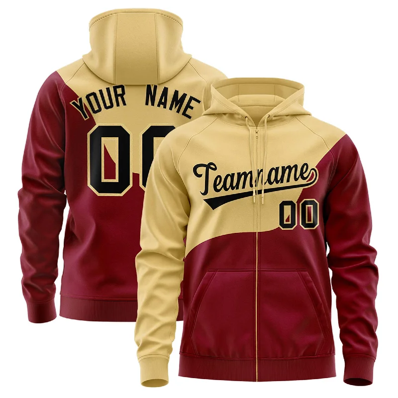 Elegant And Lazy Custom Khaki Crimson Color Block Varsity Full-Zip Letterman Wave Hoodie Jacket Elegant And Lazy Custom Khaki Crimson Color Block Varsity Full-Zip Letterman Wave Hoodie Jacket