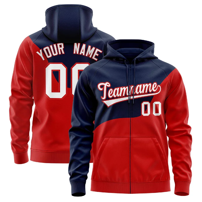 Comfortable Tops Custom Navy Red Color Block Varsity Full-Zip Letterman Wave Hoodie Jacket Comfortable Tops Custom Navy Red Color Block Varsity Full-Zip Letterman Wave Hoodie Jacket