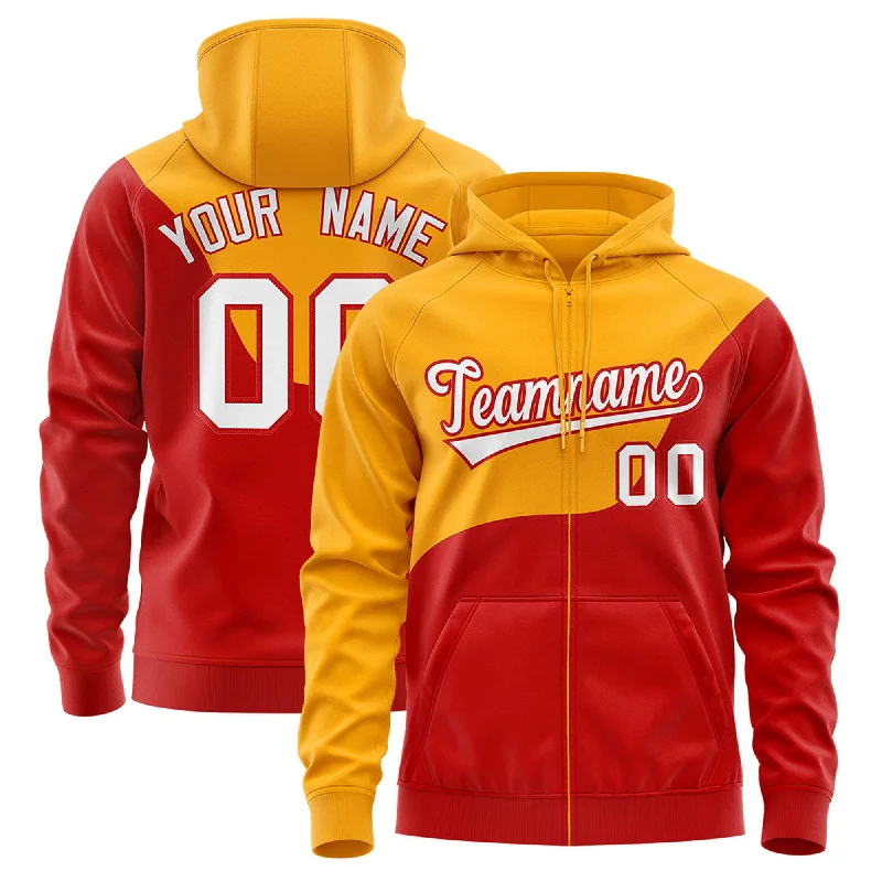 Effortless Dressing Custom Yellow Red Color Block Varsity Full-Zip Letterman Wave Hoodie Jacket Effortless Dressing Custom Yellow Red Color Block Varsity Full-Zip Letterman Wave Hoodie Jacket