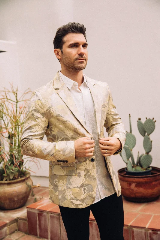 Advanced Customization Men's Double Button Beige Flowers Print Blazer