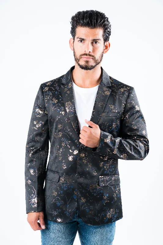Classic Retro Men's Double Button Blue Flowers Print Blazer